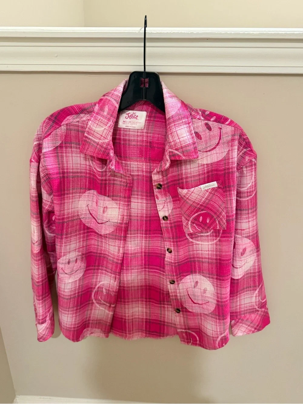 Justice girls oversized smiley face button up flannel size medium 10